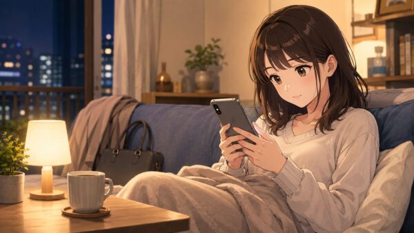 夜の部屋でスマホを見ながら漫画を読む20代日本人女性のアニメイラスト