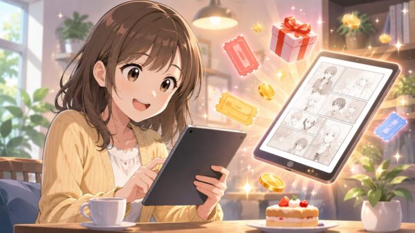 タブレットで電子漫画を読みながらクーポンや特典を喜ぶ20代日本人女性のアニメイラスト