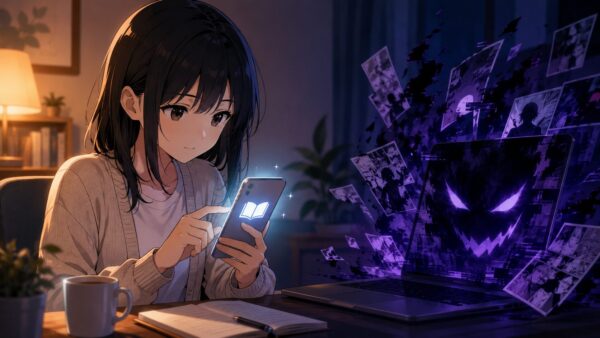 怪しい違法漫画サイトを避けてスマホで安全に漫画を読む日本人女性のアニメイラスト