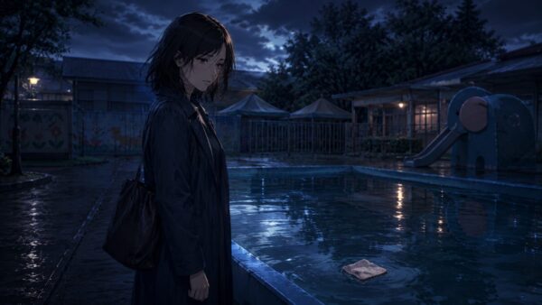 夜の保育園プールに浮かぶハンカチを見つめる母親を描いた、復讐ならぼくに任せて1巻の事件を表すアニメ画像