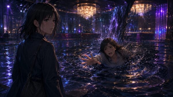ホストクラブが不気味な水辺へ変わり加害者が報いを受ける、復讐ならぼくに任せて2巻の断罪シーン風アニメ画像