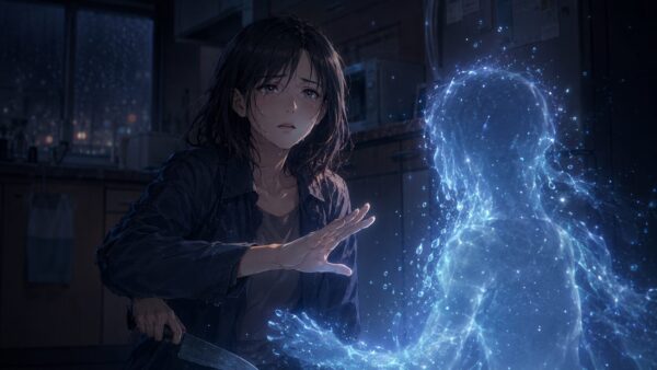 包丁を下ろす母親と青く光る不思議な存在を描いた、復讐ならぼくに任せての少年の正体を示すアニメ画像