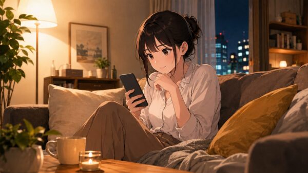 夜の部屋でスマホを見ながら復讐漫画を探す日本人女性