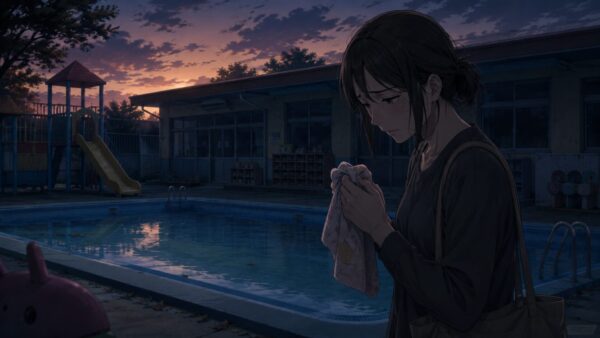 夕暮れの保育園プールで子どもの布を握りしめる母親