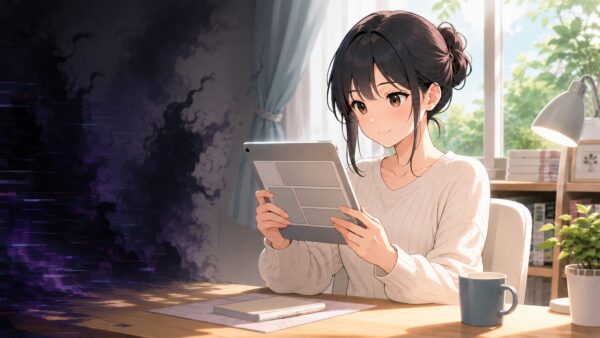 明るい部屋で安全に電子漫画を読む日本人女性と違法サイトの危険な影