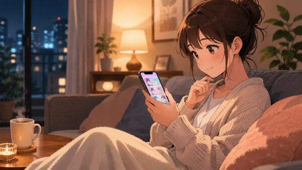 仕事終わりに自宅のソファでスマホ漫画を読む20代日本人女性