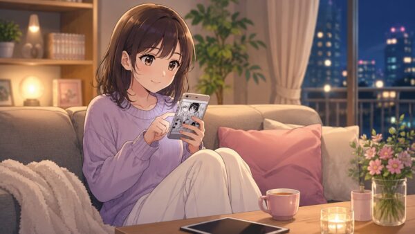 夜の自宅でスマホを使って恋愛漫画を読む20代日本人女性のアニメ風イラスト。極道上司に愛されたらを電子書籍で読む雰囲気を表現。