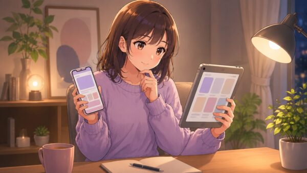 スマホとタブレットを見比べながら電子書籍サービスを選ぶ20代日本人女性のアニメ風イラスト。単話版と単行本版の比較を表現。