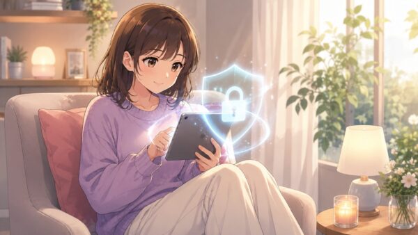 タブレットで安全に漫画を読む20代日本人女性と光る鍵マークのアニメ風イラスト。正規電子書籍サービスで読む安心感を表現。