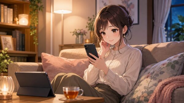 スマホで大正學生愛妻家の配信サービスを探す20代女性が、夜の部屋で電子漫画を楽しむ様子