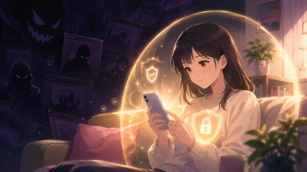 スマホを使う女性が危険な違法漫画サイトを避け、正規電子書籍サービスで安全に読むイメージ