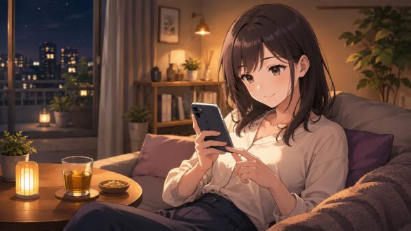 仕事終わりにスマホで異世界漫画を読む20代女性のリラックスした様子