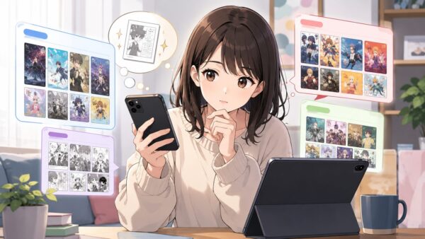 異世界漫画を読む電子書籍サービスをスマホで比較する女性