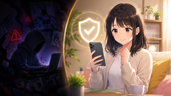 rawや違法漫画サイトを避けて正規サービスで安全に漫画を読む女性