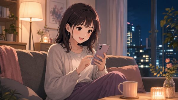 仕事終わりに自宅でスマホ漫画を楽しむ20代女性