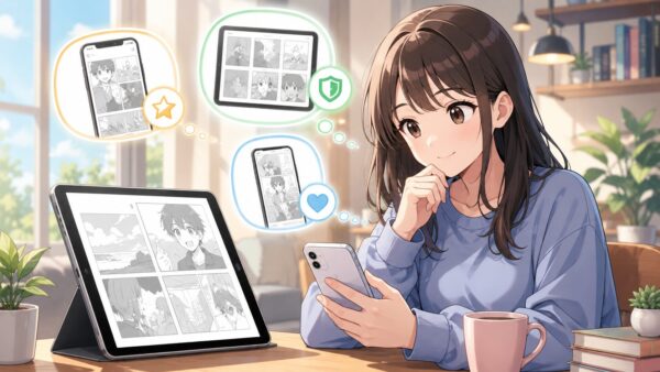 スマホとタブレットで漫画を読める電子書籍サービスを比較する女性