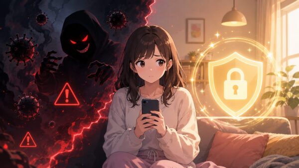 違法漫画サイトの危険性と正規サービスで安全に読む大切さを示す女性