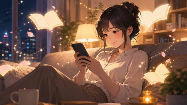 夜の部屋でスマホ漫画を読む20代女性のアニメ風イラスト