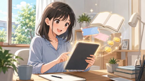 タブレットで漫画をお得に読む女性とクーポンを表したアニメ画像