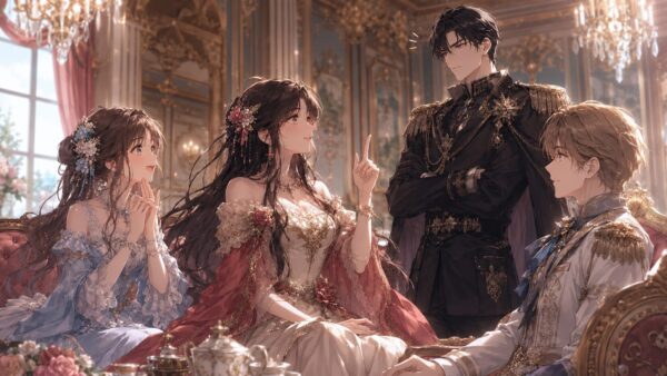 豪華なサロンでセヴリーヌが婚約者交換を提案し、妹と貴族たちが驚く異世界ラブコメ風イメージ