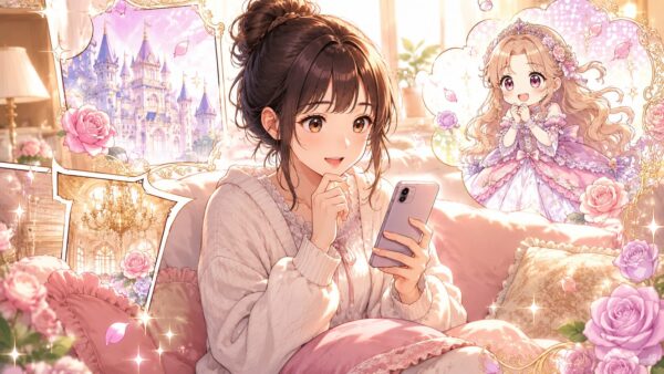 スマホで悪役令嬢とお父さまの配信先を探す日本人女性と、幻想的な城や令嬢イメージが浮かぶアニメ画像