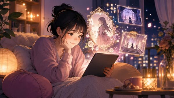 夜の部屋でタブレットを見ながら悪役令嬢漫画の無料立ち読みを楽しむ日本人女性のアニメ画像