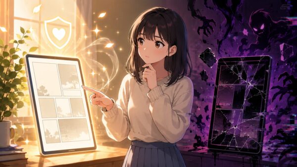 正規電子書籍サービスと危険な違法漫画サイトの違いを、明るい端末と壊れた端末で表現したアニメ画像