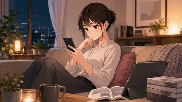 夜のリビングでスマホを使い漫画を読む日本人女性のイラスト