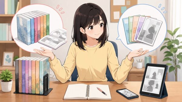 単行本版と分冊版の違いを比較する日本人女性のイラスト