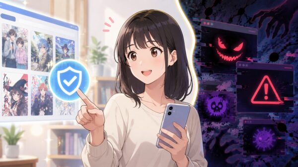 違法漫画サイトを避けて正規サービスを選ぶ日本人女性のイラスト