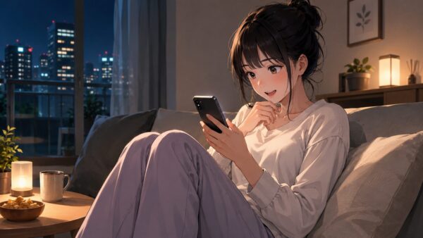 夜の部屋でスマホ漫画を読む日本人女性のアニメ画像