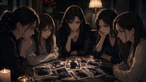 裏切られた女性たちが集まり復讐計画を立てる緊迫したアニメ画像