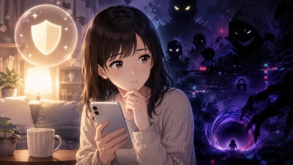 スマホを持つ日本人女性と違法漫画サイトの危険性を表現したアニメ画像