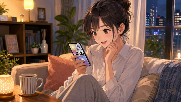 夜の自宅リビングでスマホ漫画を楽しむ20代女性のアニメイラスト