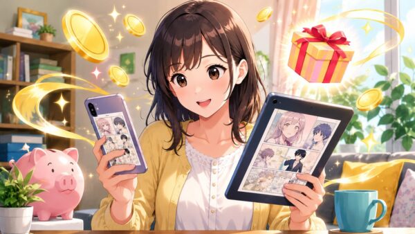 スマホとタブレットで漫画の無料話やクーポンを比較する女性のアニメイラスト