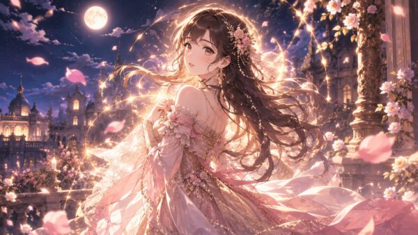 月明かりの宮殿庭園で神王の溺愛を感じる悪役令嬢の幻想的なアニメイラスト