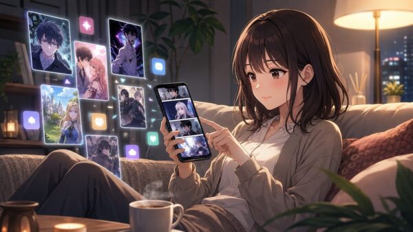 自宅でスマホを使いタテヨミ漫画を読む20代女性と複数の電子書籍サービスを連想させるイメージ