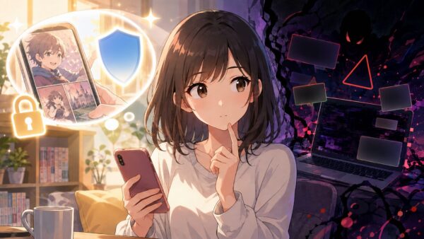 正規サービスで安全に漫画を読む選択と違法サイトの危険性を比較する女性のイメージ