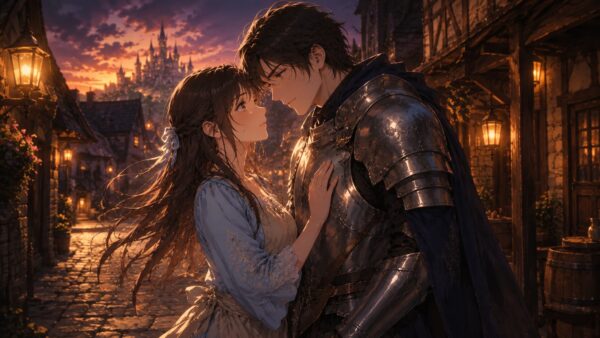 夕暮れの街角で元王女と騎士が再会し、身分差で終わった恋が再び動き出すアニメ風イメージ