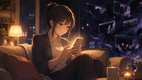 仕事終わりの日本人女性がスマホで正規電子書籍を安全に読む、違法サイトを避ける注意喚起のアニメ風イメージ