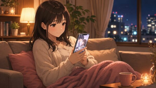 仕事終わりに自宅のソファでスマホ漫画を読む日本人女性