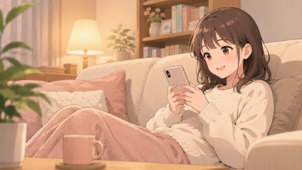仕事終わりに自宅のソファでスマホ漫画を楽しむ20代日本人女性
