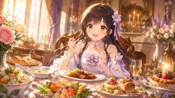 豪華な食卓で幸せそうに食事を楽しむ異世界令嬢風の日本人女性