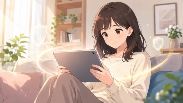 安全な正規電子書籍サービスでタブレット漫画を読む日本人女性