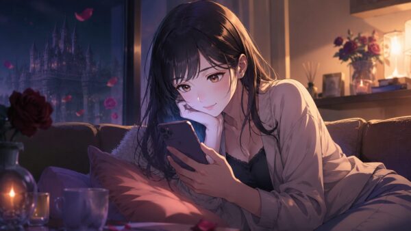 夜の部屋でスマホ漫画を読む日本人女性と幻想的な城の雰囲気