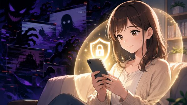 スマホを持つ日本人女性が安全な正規サービスで漫画を読む様子