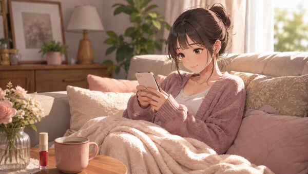 リップティントと飲み物を置いてスマホ漫画を読む女性