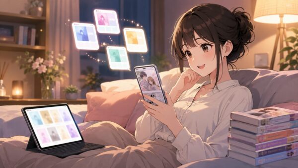 スマホで漫画を読む日本人女性と電子書籍サービスのイメージ