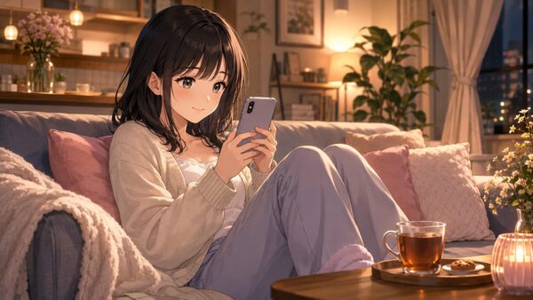 夜のリビングでスマホ漫画を読む日本人女性