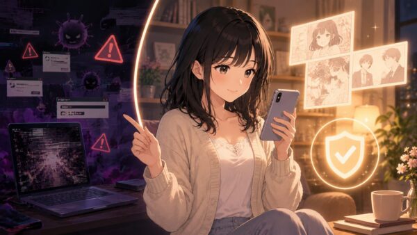 危険な違法サイトを避け安全に漫画を読む女性
